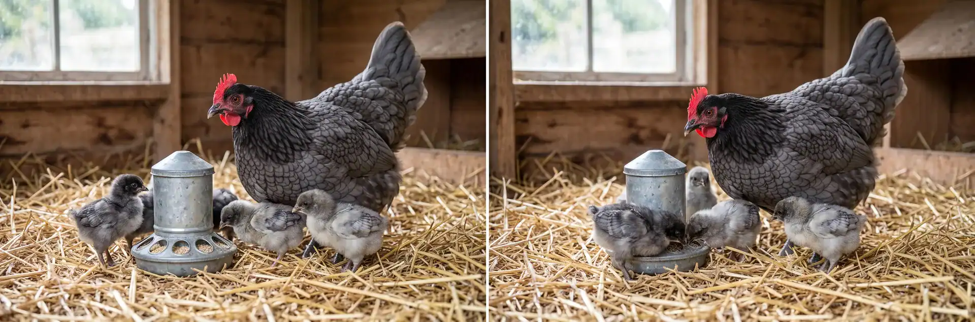 A Sapphire Gem hen standing over her chicks as they feed at a galvanized feeder in the coop