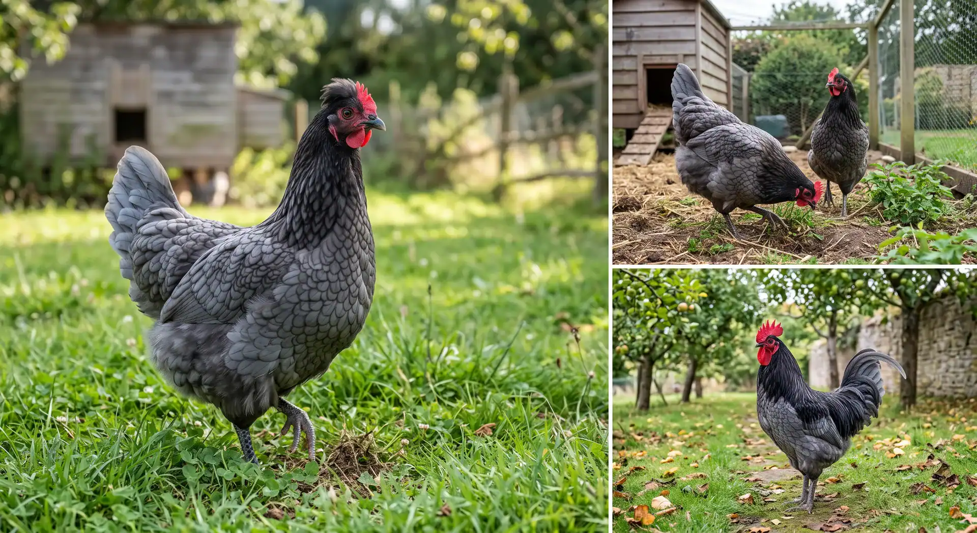 A grid of Sapphire Gem chickens foraging in grass, standing by their coop run, and a rooster patrolling a garden path